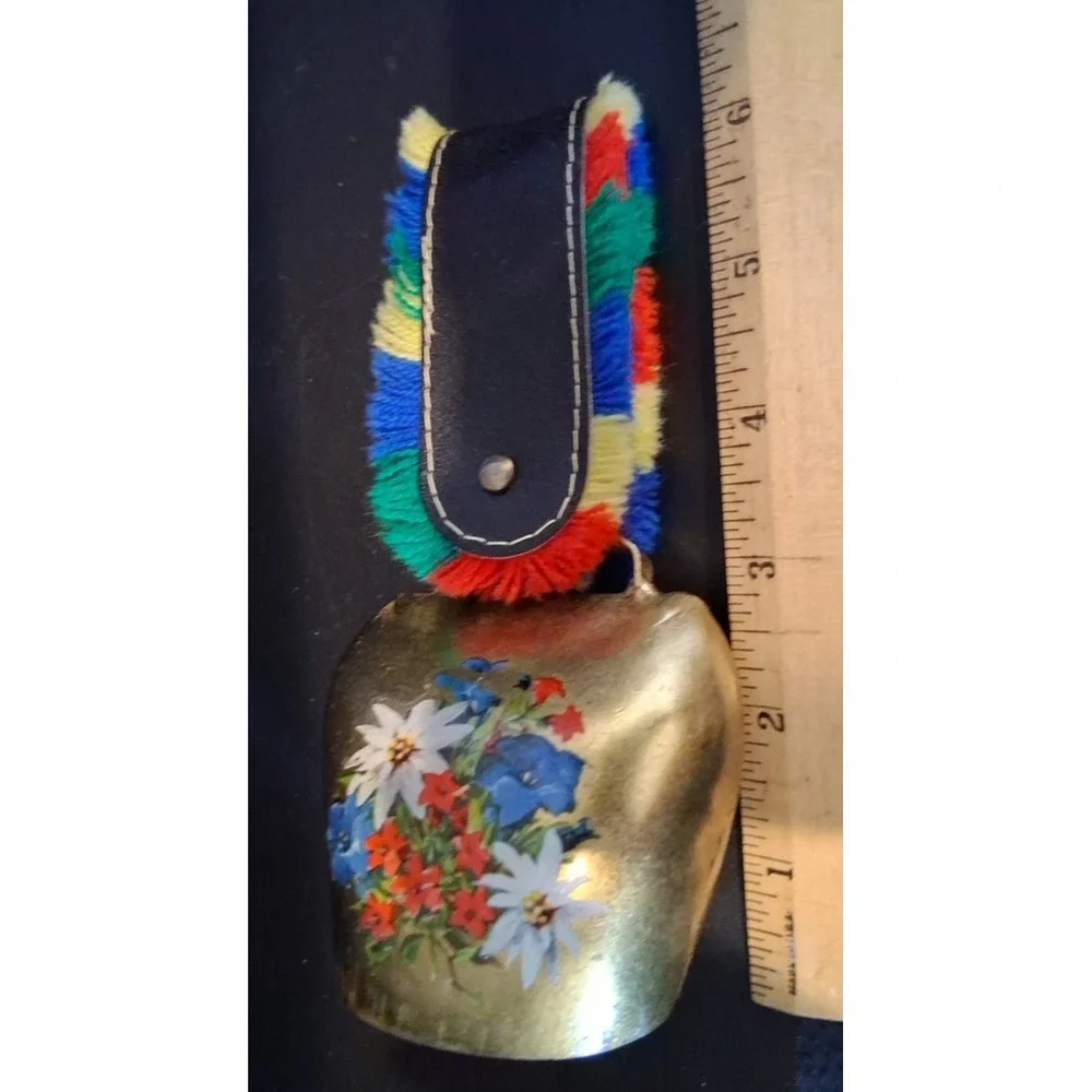 Mid Century Swiss Cow‎ Bell with Floral Design w/ Fringe on a Leather Strap
